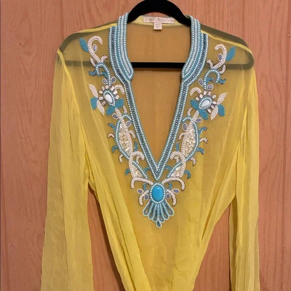 Boston Proper Yellow Tunic with Blue Embroidery - Picture 3 of 5
